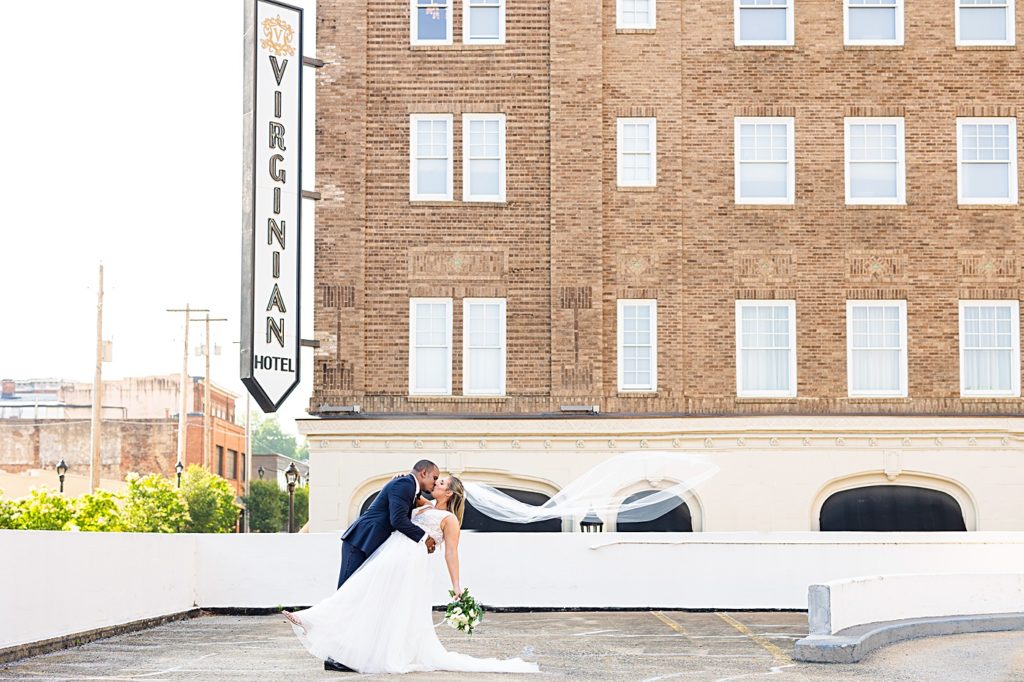 Newlywed photos on top the garage at the Virginian Hotel in Lynchburg, Virginia.