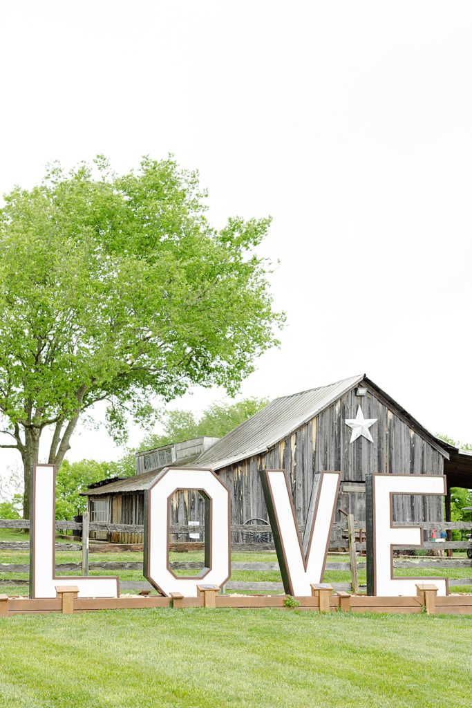 LOVE sign at the barn venue Sorella Farms in Lynchburg, Virginia.