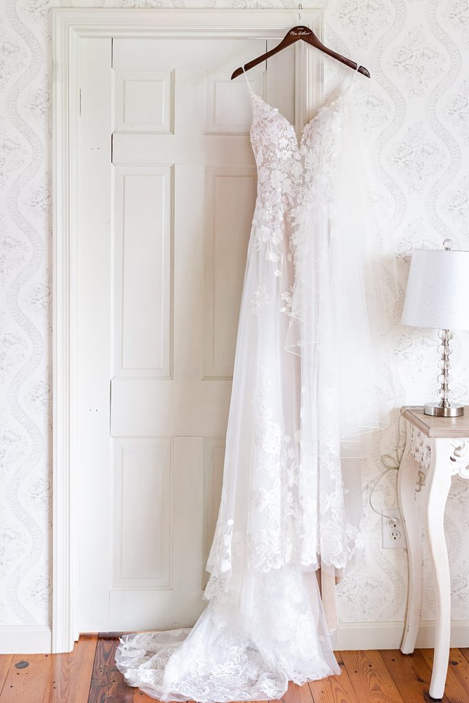 Bridal gown detail photo in the bridal suite.