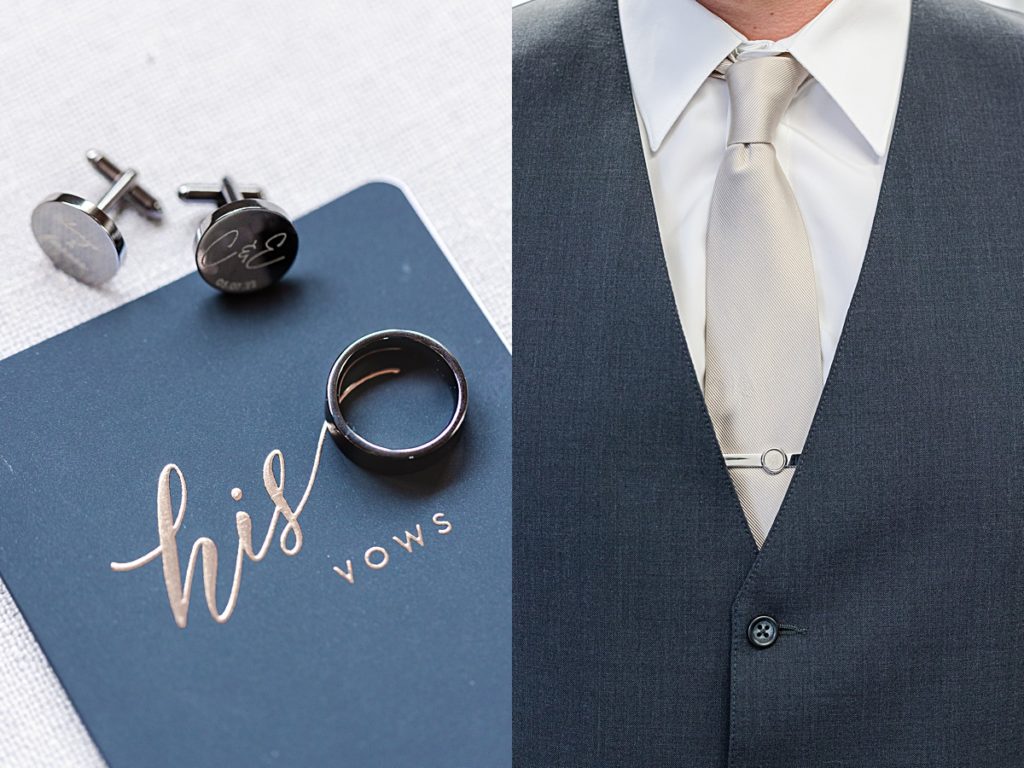 Groom details photo of His vow book, rings, and tie clip from his father who passed away years ago.