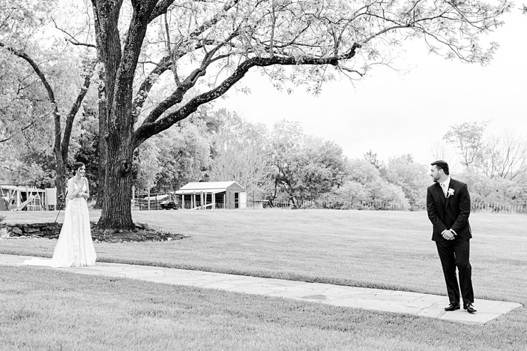 First look moments with the bride and groom at Sorella Farms in Lynchburg, Virginia.