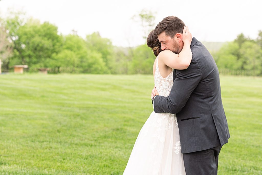 First look moments with the bride and groom at Sorella Farms in Lynchburg, Virginia.