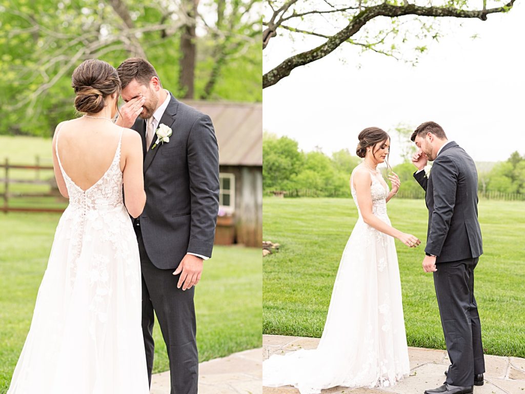 First look moments with the bride and groom at Sorella Farms in Lynchburg, Virginia.