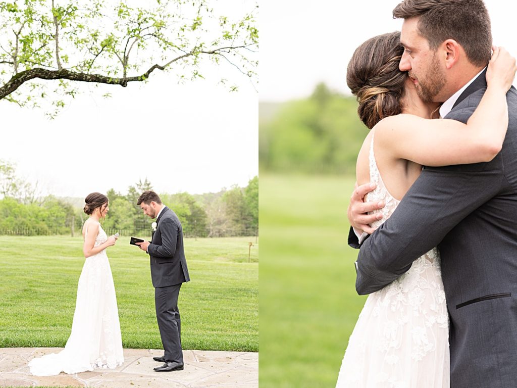 First look moments with the bride and groom at Sorella Farms in Lynchburg, Virginia.