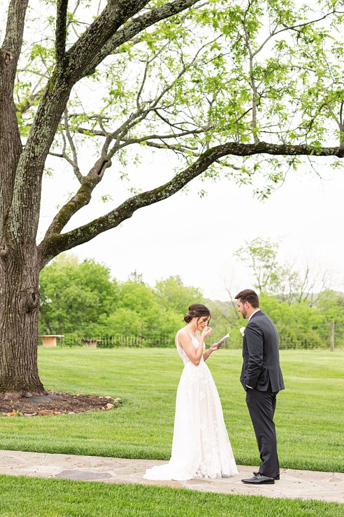 First look moments with the bride and groom at Sorella Farms in Lynchburg, Virginia.