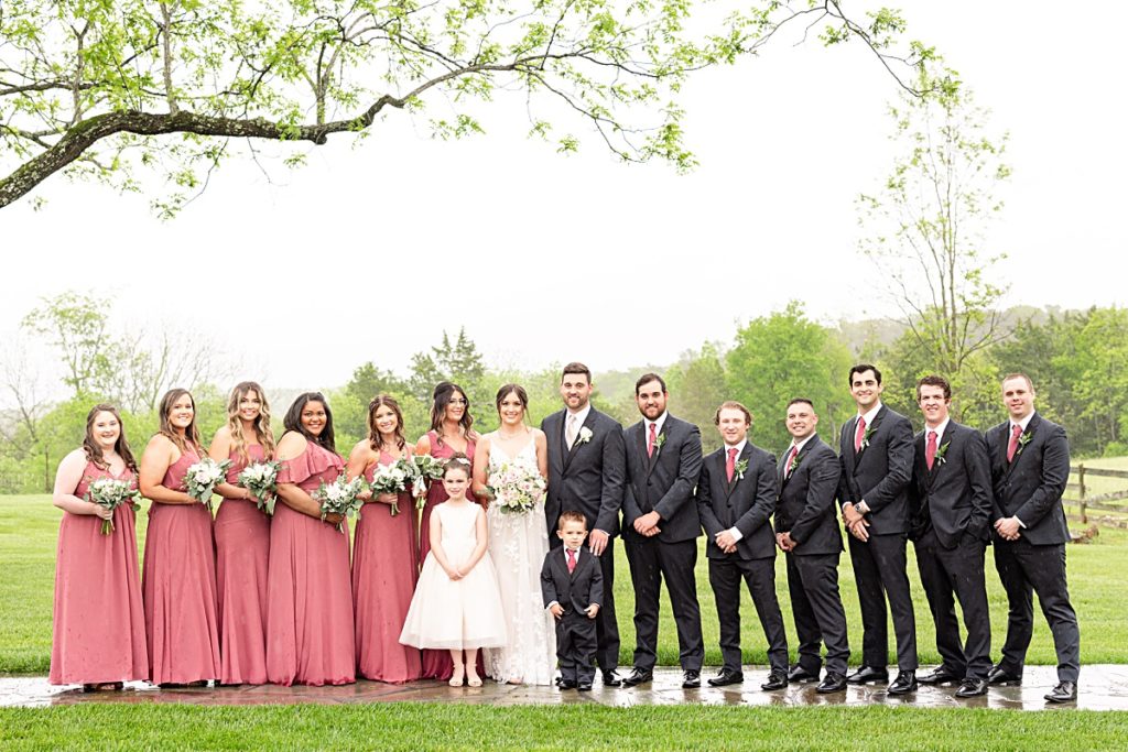 Rainy bridal party portraits at Sorella Farms in Lynchburg, Virginia.