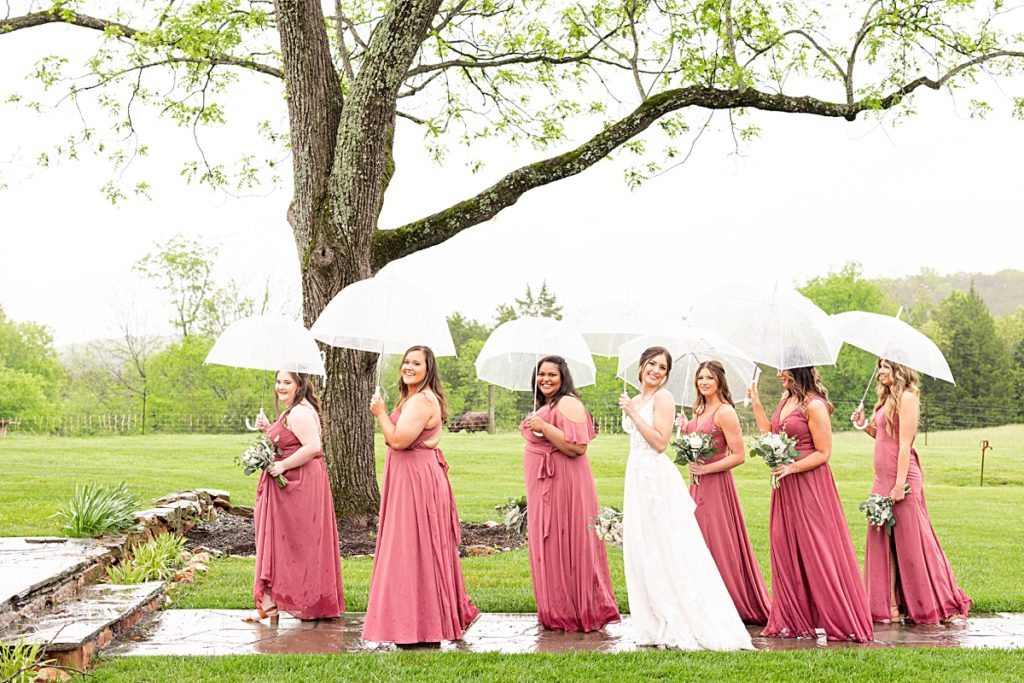 Rainy bridal party portraits at Sorella Farms in Lynchburg, Virginia.