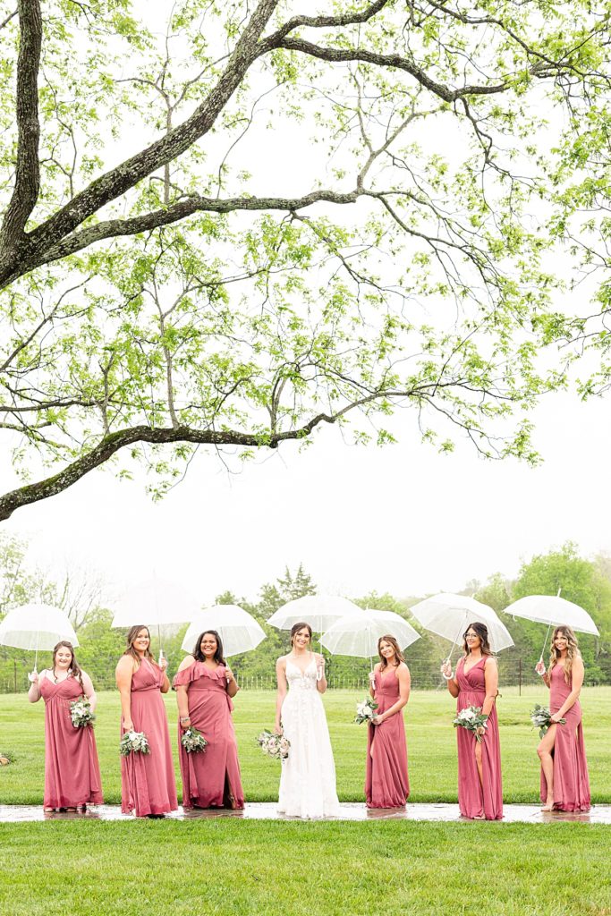 Rainy bridal party portraits at Sorella Farms in Lynchburg, Virginia.