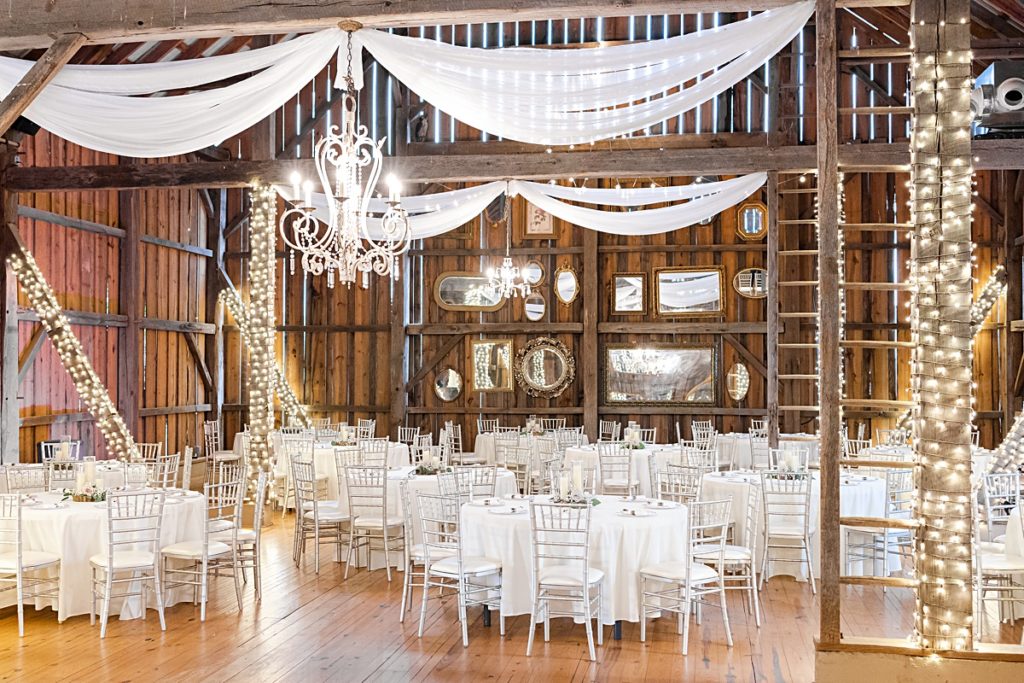 Reception details in the barn at Sorella Farms in Lynchburg, Virginia.