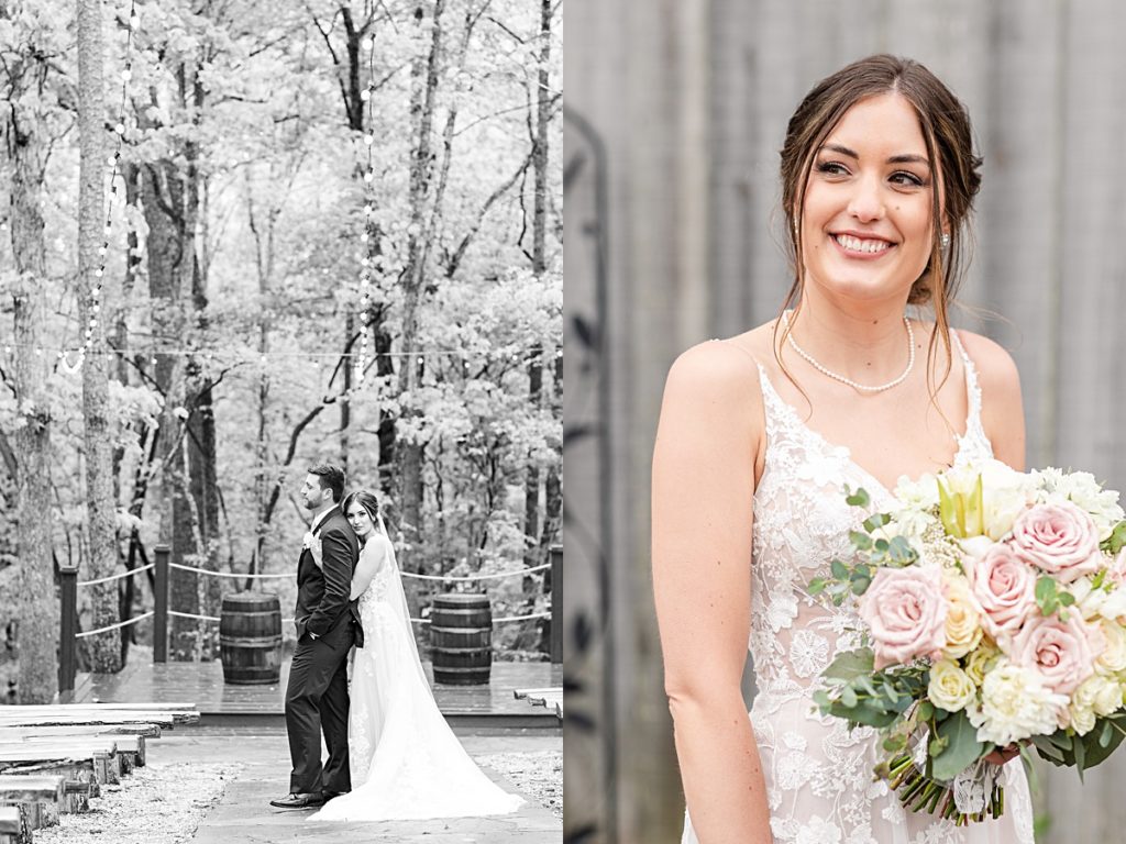 Romantic whimsy bride and groom portraits under the twinkle lights at Sorella Farms in Lynchburg, Virginia.