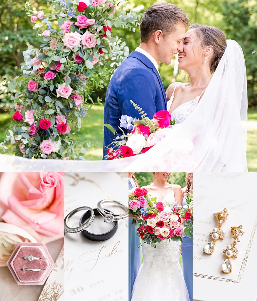 This elegant barn wedding at Valley Mills Farm in Staunton, Virginia, has a few surprises from the groom, sweet first look moments, family heirloom details, and stunning pink summer florals!