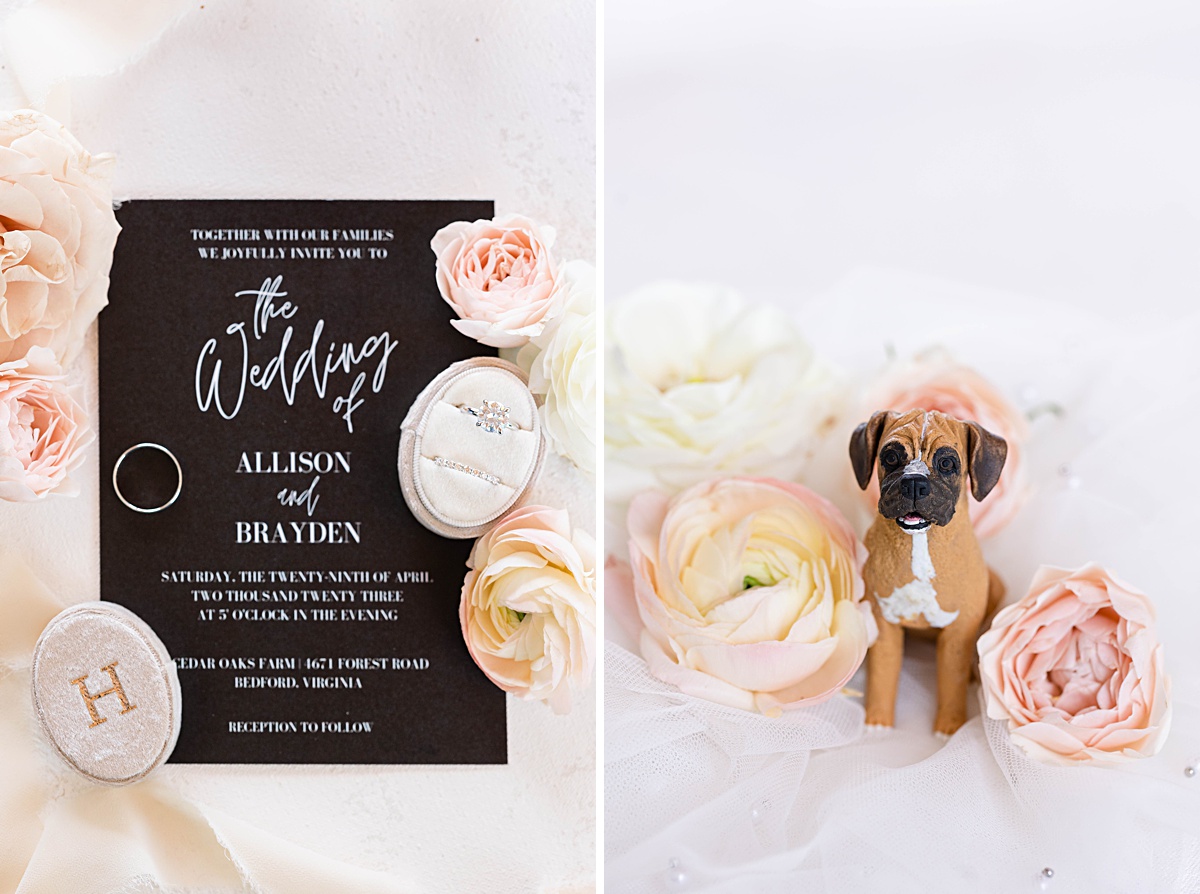 This elegant garden wedding at Cedar Oaks Farm features a classic car, stunning ceremony mountain view, unique bridal details, a boxer puppy, and a surprise baby gender reveal cake!