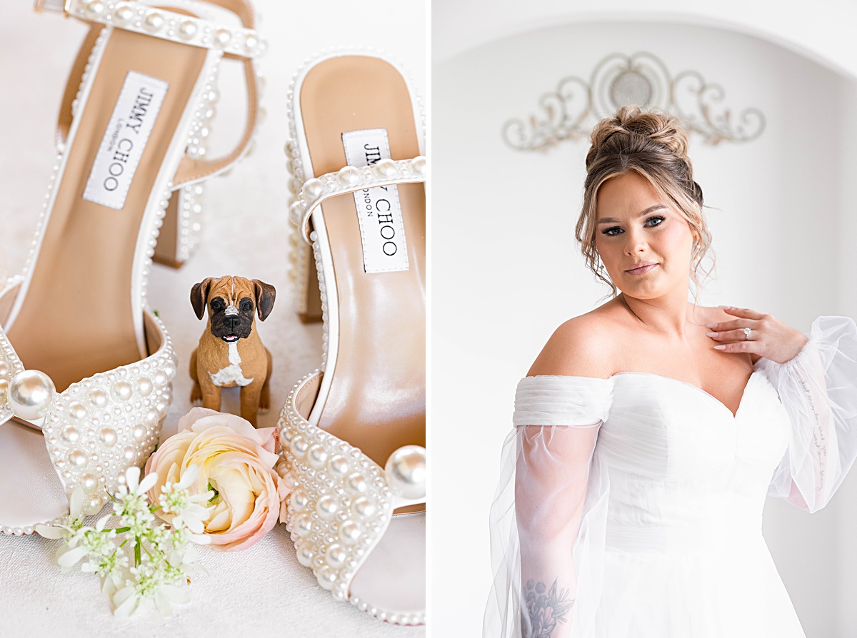 This elegant garden wedding at Cedar Oaks Farm features a classic car, stunning ceremony mountain view, unique bridal details, a boxer puppy, and a surprise baby gender reveal cake!