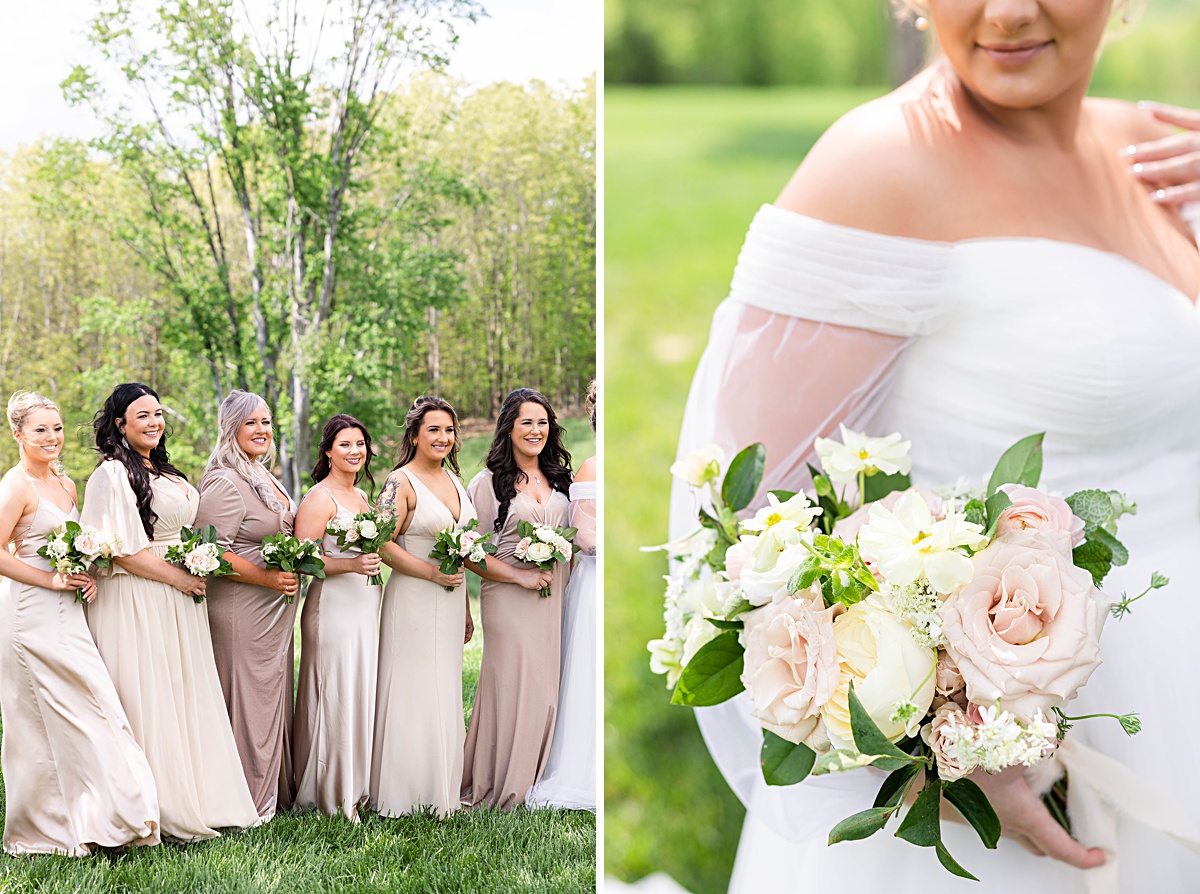 This elegant garden wedding at Cedar Oaks Farm features a classic car, stunning ceremony mountain view, unique bridal details, a boxer puppy, and a surprise baby gender reveal cake!