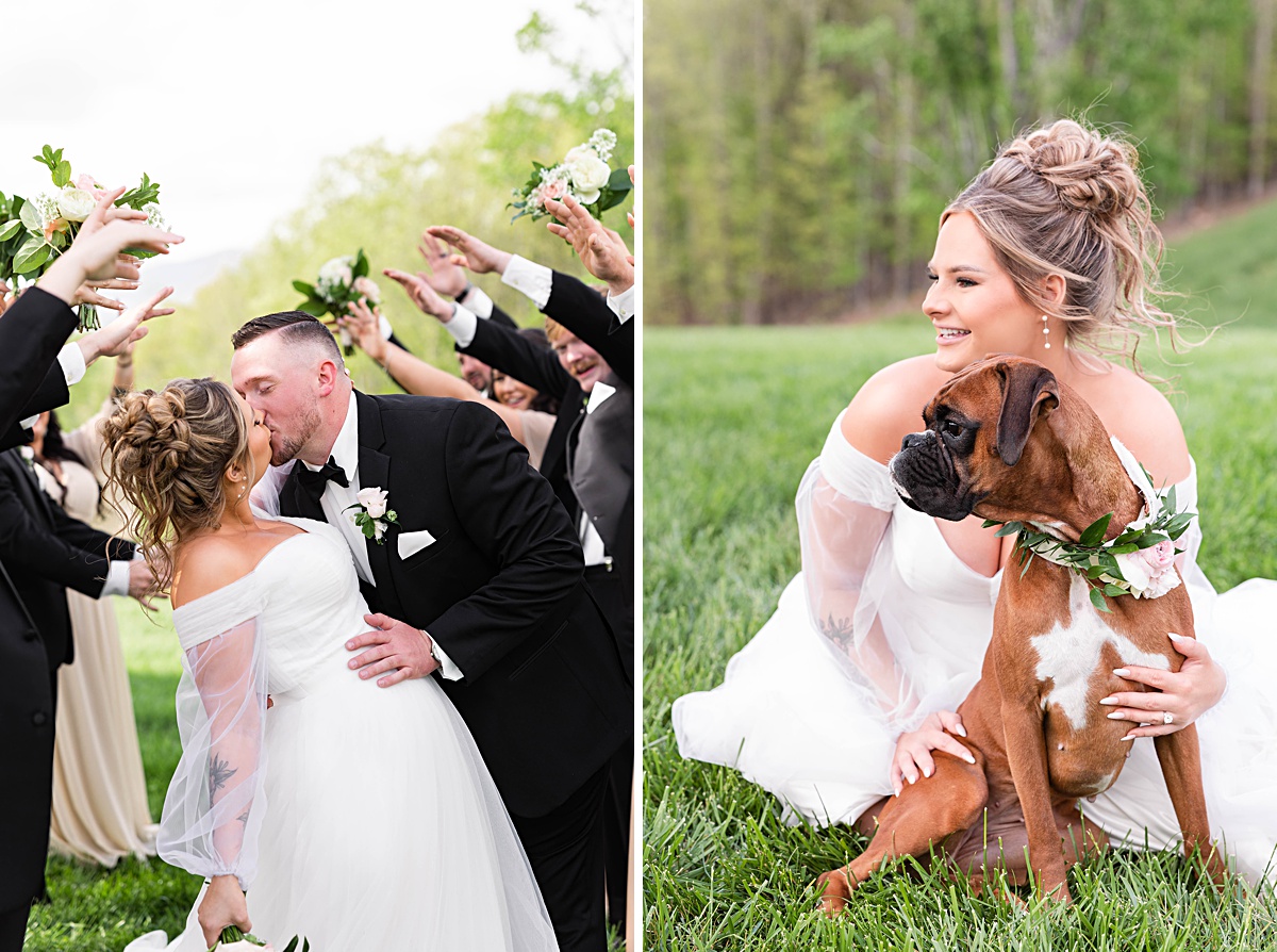 This elegant garden wedding at Cedar Oaks Farm features a classic car, stunning ceremony mountain view, unique bridal details, a boxer puppy, and a surprise baby gender reveal cake!