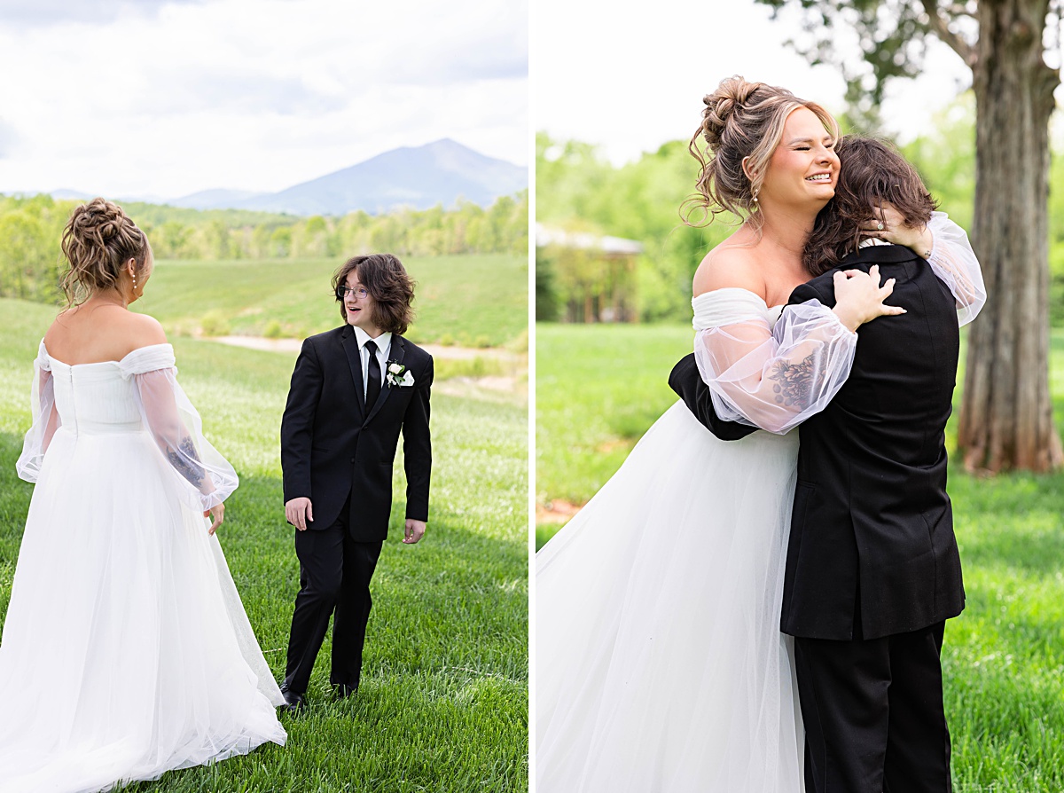 This elegant garden wedding at Cedar Oaks Farm features a classic car, stunning ceremony mountain view, unique bridal details, a boxer puppy, and a surprise baby gender reveal cake!