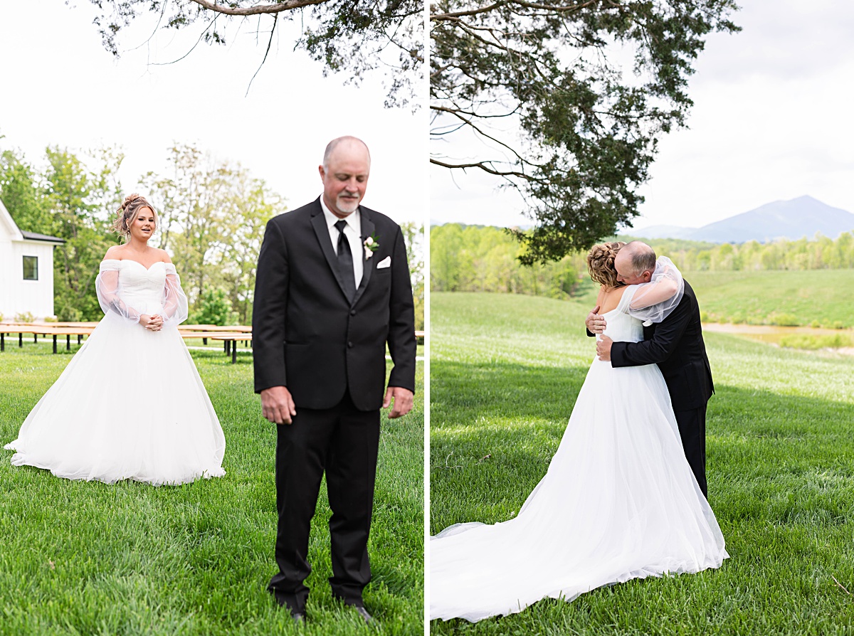 This elegant garden wedding at Cedar Oaks Farm features a classic car, stunning ceremony mountain view, unique bridal details, a boxer puppy, and a surprise baby gender reveal cake!