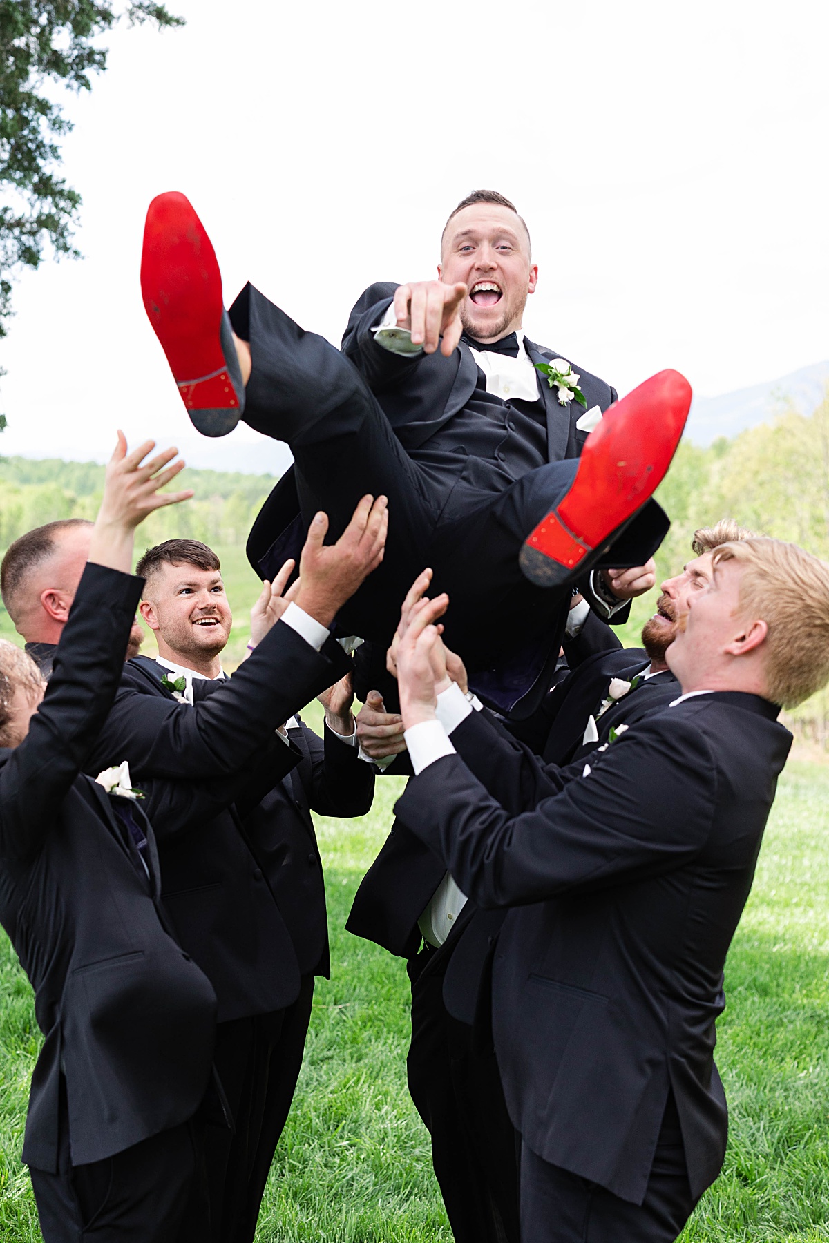 This elegant garden wedding at Cedar Oaks Farm features a classic car, stunning ceremony mountain view, unique bridal details, a boxer puppy, and a surprise baby gender reveal cake!