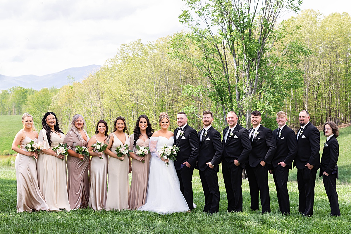 This elegant garden wedding at Cedar Oaks Farm features a classic car, stunning ceremony mountain view, unique bridal details, a boxer puppy, and a surprise baby gender reveal cake!