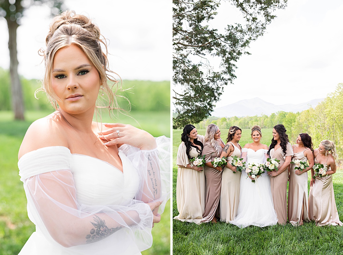 This elegant garden wedding at Cedar Oaks Farm features a classic car, stunning ceremony mountain view, unique bridal details, a boxer puppy, and a surprise baby gender reveal cake!