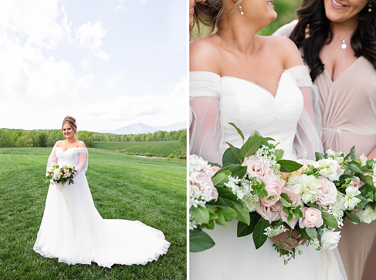 This elegant garden wedding at Cedar Oaks Farm features a classic car, stunning ceremony mountain view, unique bridal details, a boxer puppy, and a surprise baby gender reveal cake!