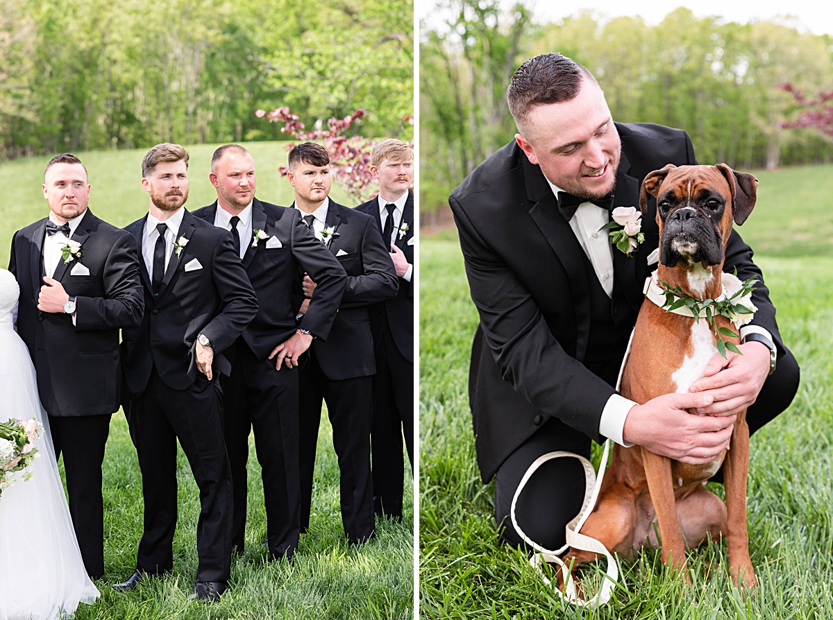 This elegant garden wedding at Cedar Oaks Farm features a classic car, stunning ceremony mountain view, unique bridal details, a boxer puppy, and a surprise baby gender reveal cake!