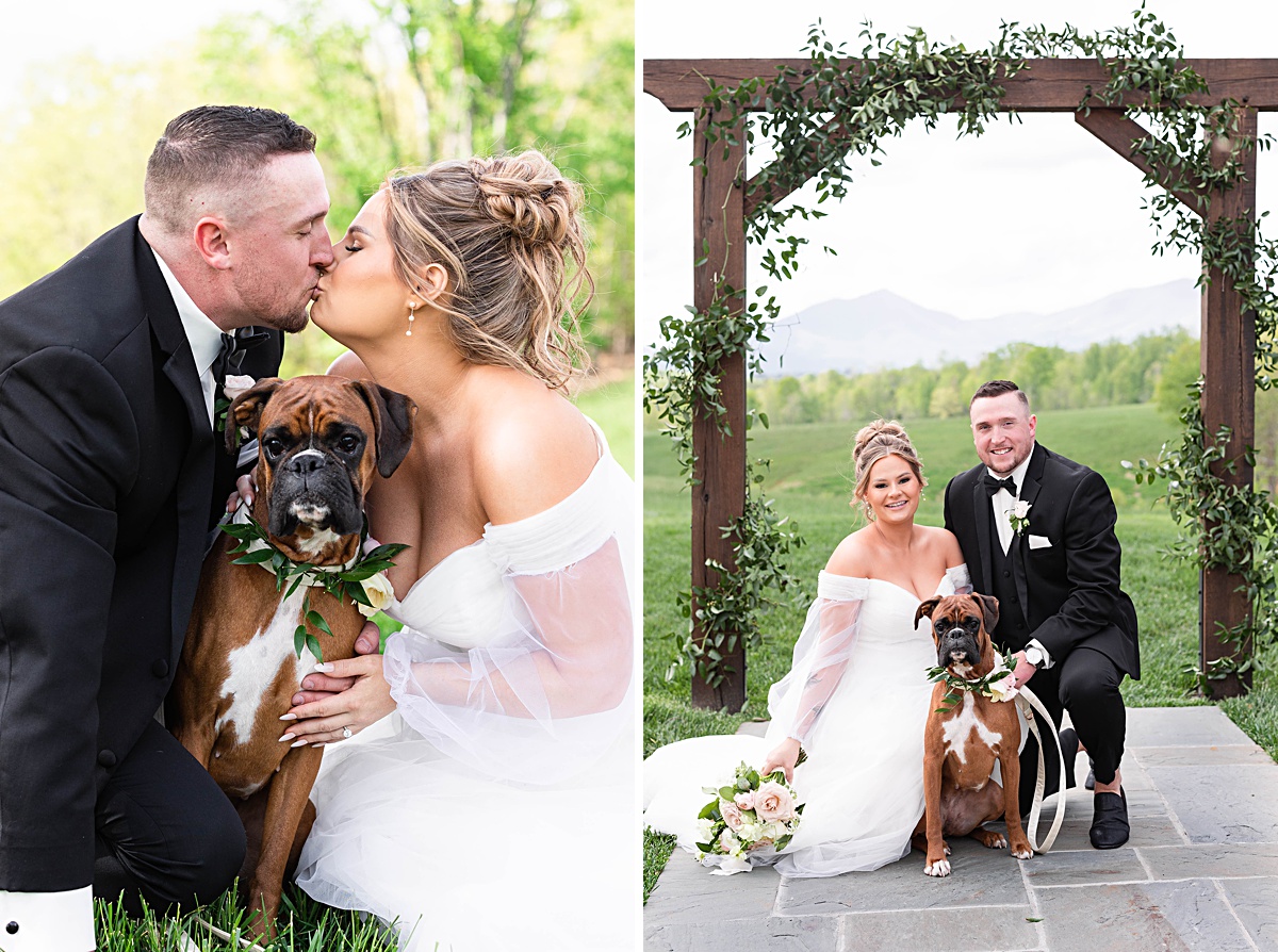 This elegant garden wedding at Cedar Oaks Farm features a classic car, stunning ceremony mountain view, unique bridal details, a boxer puppy, and a surprise baby gender reveal cake!