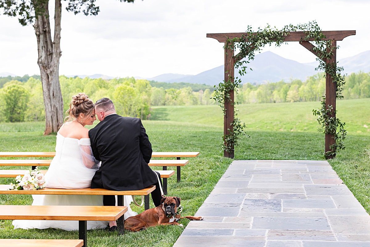 This elegant garden wedding at Cedar Oaks Farm features a classic car, stunning ceremony mountain view, unique bridal details, a boxer puppy, and a surprise baby gender reveal cake!