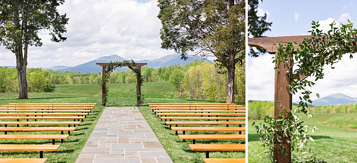 This elegant garden wedding at Cedar Oaks Farm features a classic car, stunning ceremony mountain view, unique bridal details, a boxer puppy, and a surprise baby gender reveal cake!