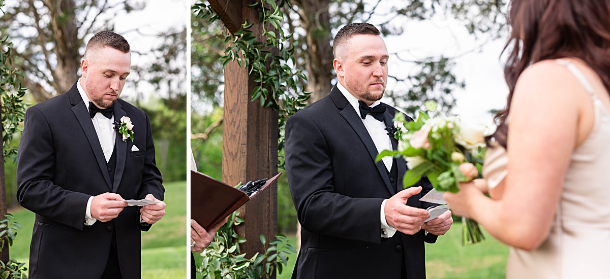 This elegant garden wedding at Cedar Oaks Farm features a classic car, stunning ceremony mountain view, unique bridal details, a boxer puppy, and a surprise baby gender reveal cake!