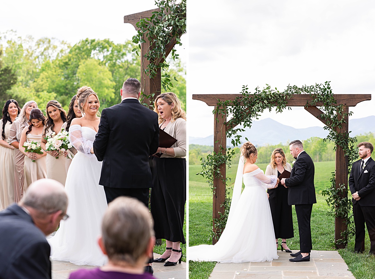 This elegant garden wedding at Cedar Oaks Farm features a classic car, stunning ceremony mountain view, unique bridal details, a boxer puppy, and a surprise baby gender reveal cake!