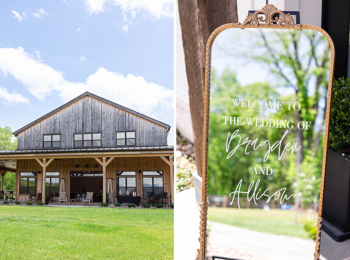 This elegant garden wedding at Cedar Oaks Farm features a classic car, stunning ceremony mountain view, unique bridal details, a boxer puppy, and a surprise baby gender reveal cake!