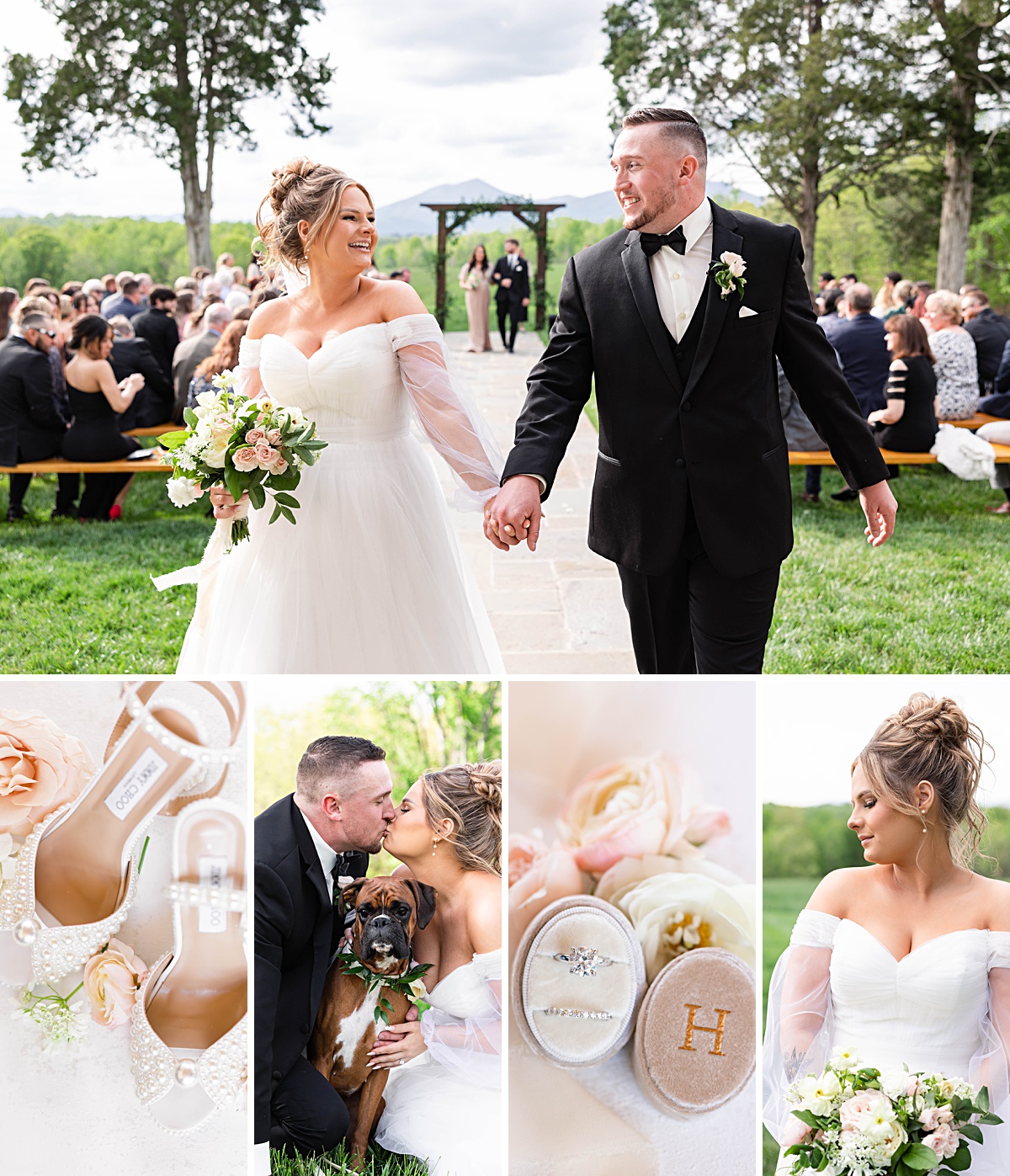 This elegant garden wedding at Cedar Oaks Farm features a classic car, stunning ceremony mountain view, unique bridal details, a boxer puppy, and a surprise baby gender reveal cake!