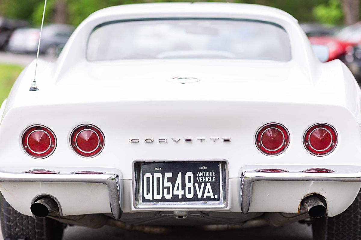 This elegant garden wedding at Cedar Oaks Farm features a classic car, stunning ceremony mountain view, unique bridal details, a boxer puppy, and a surprise baby gender reveal cake!