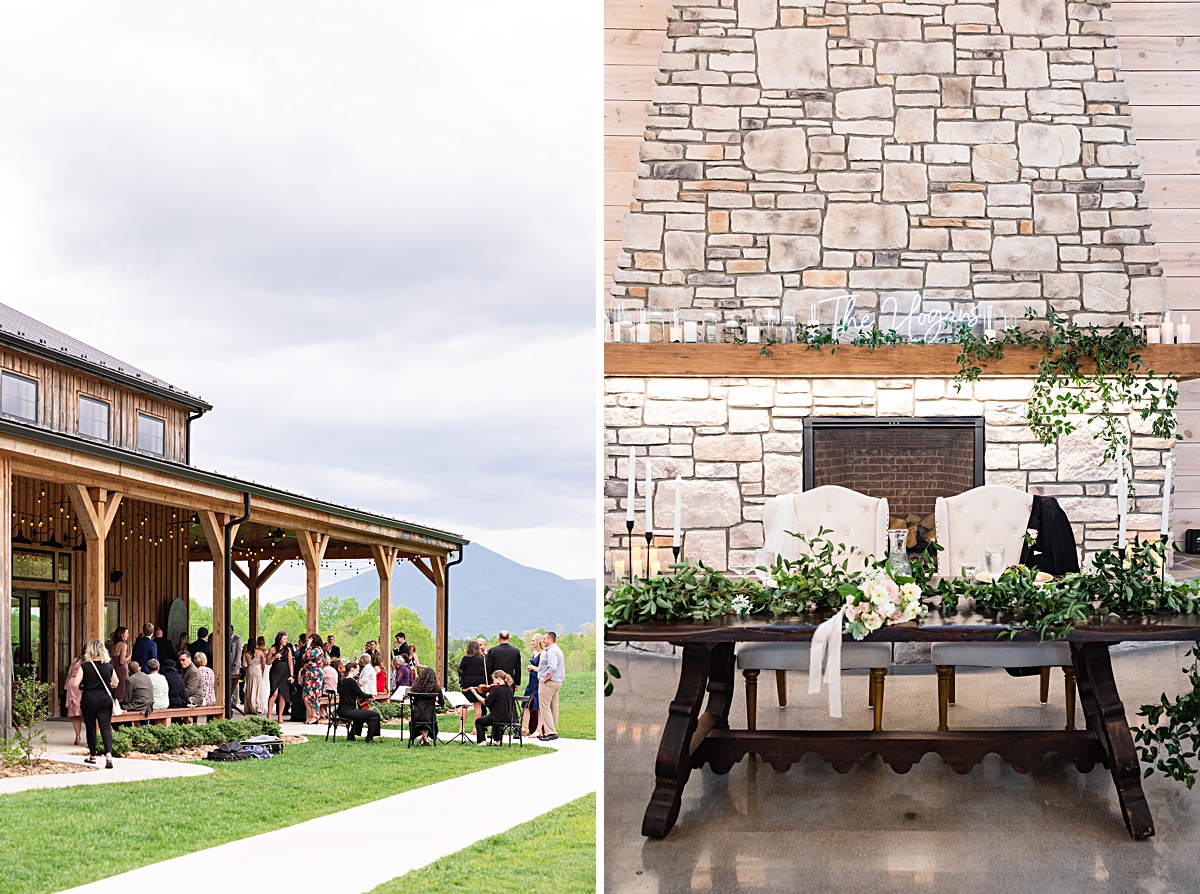 This elegant garden wedding at Cedar Oaks Farm features a classic car, stunning ceremony mountain view, unique bridal details, a boxer puppy, and a surprise baby gender reveal cake!