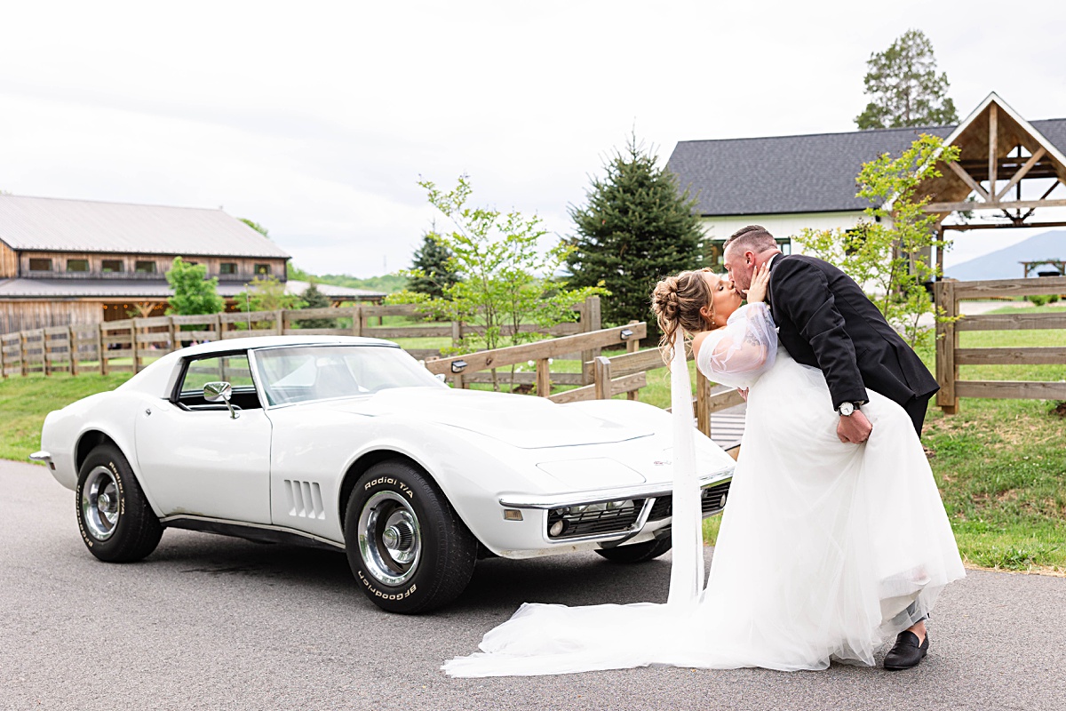 This elegant garden wedding at Cedar Oaks Farm features a classic car, stunning ceremony mountain view, unique bridal details, a boxer puppy, and a surprise baby gender reveal cake!