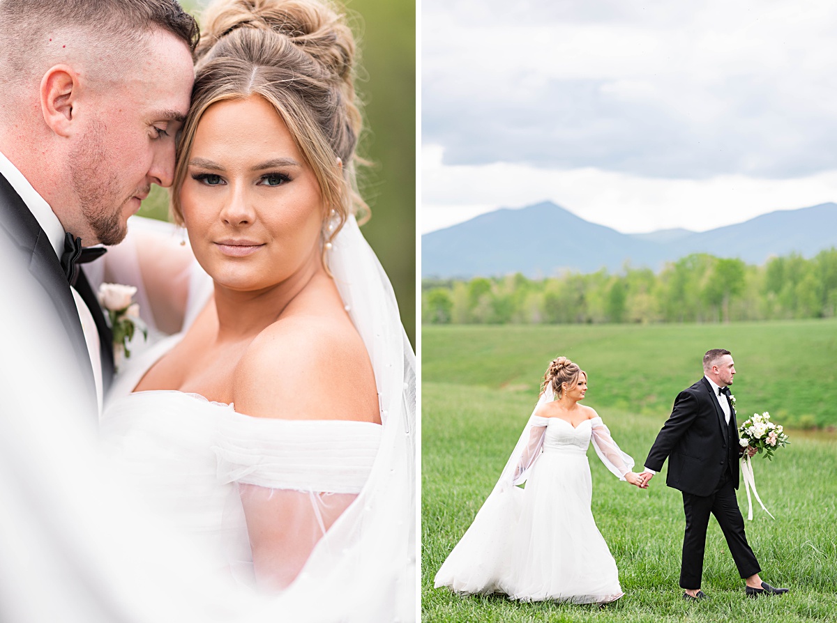 This elegant garden wedding at Cedar Oaks Farm features a classic car, stunning ceremony mountain view, unique bridal details, a boxer puppy, and a surprise baby gender reveal cake!