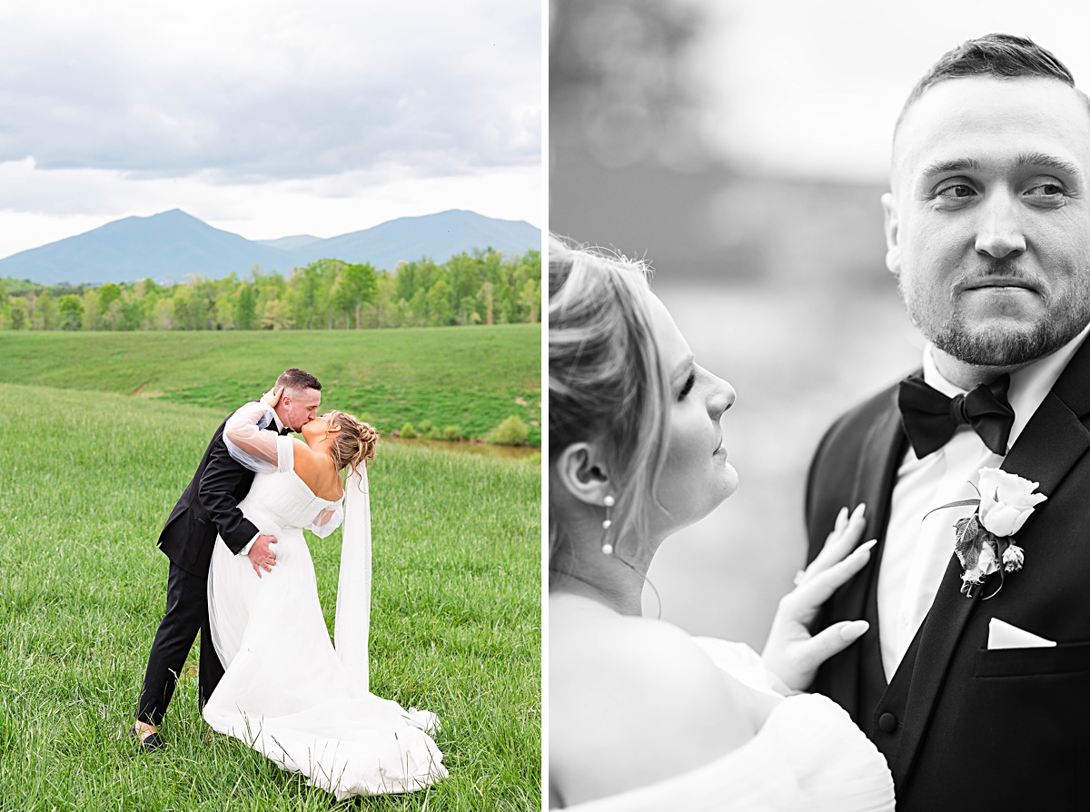 This elegant garden wedding at Cedar Oaks Farm features a classic car, stunning ceremony mountain view, unique bridal details, a boxer puppy, and a surprise baby gender reveal cake!