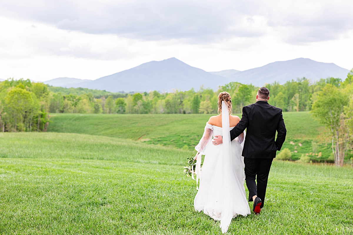 This elegant garden wedding at Cedar Oaks Farm features a classic car, stunning ceremony mountain view, unique bridal details, a boxer puppy, and a surprise baby gender reveal cake!