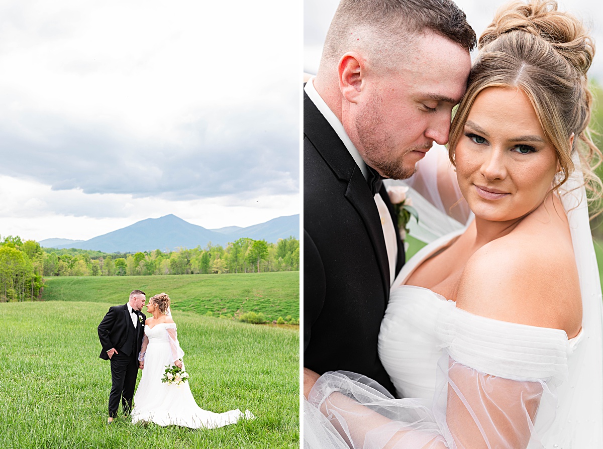 This elegant garden wedding at Cedar Oaks Farm features a classic car, stunning ceremony mountain view, unique bridal details, a boxer puppy, and a surprise baby gender reveal cake!