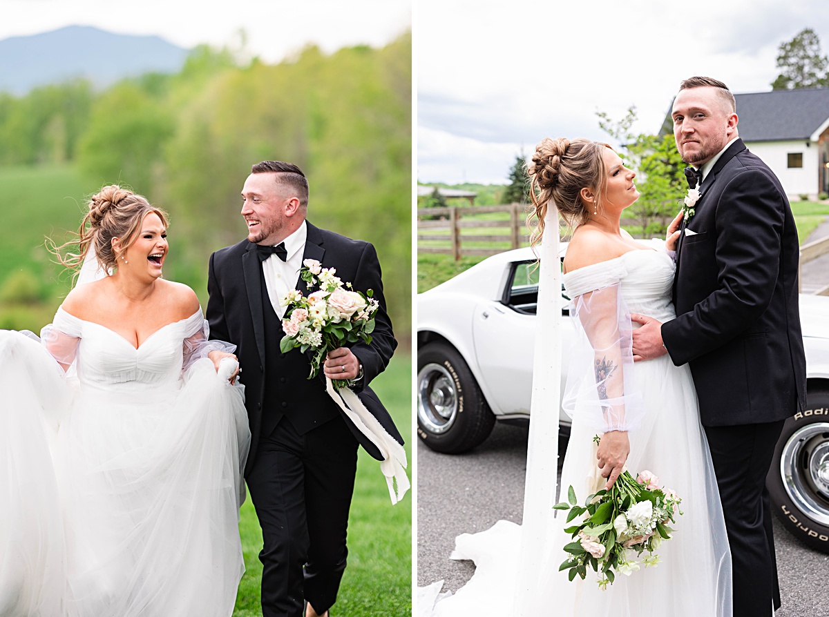 This elegant garden wedding at Cedar Oaks Farm features a classic car, stunning ceremony mountain view, unique bridal details, a boxer puppy, and a surprise baby gender reveal cake!