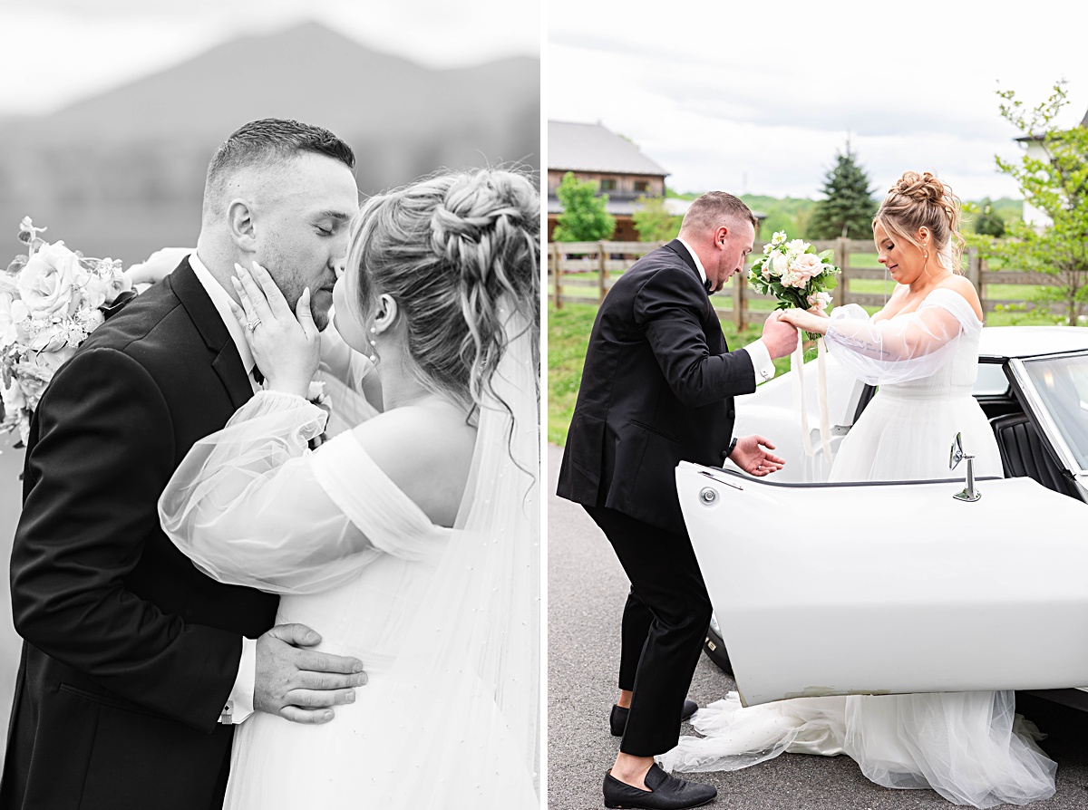 This elegant garden wedding at Cedar Oaks Farm features a classic car, stunning ceremony mountain view, unique bridal details, a boxer puppy, and a surprise baby gender reveal cake!