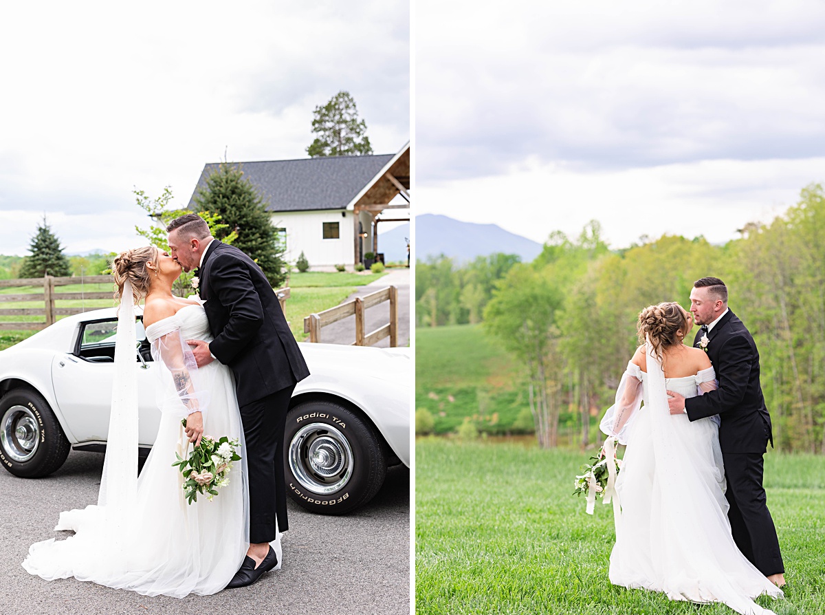 This elegant garden wedding at Cedar Oaks Farm features a classic car, stunning ceremony mountain view, unique bridal details, a boxer puppy, and a surprise baby gender reveal cake!