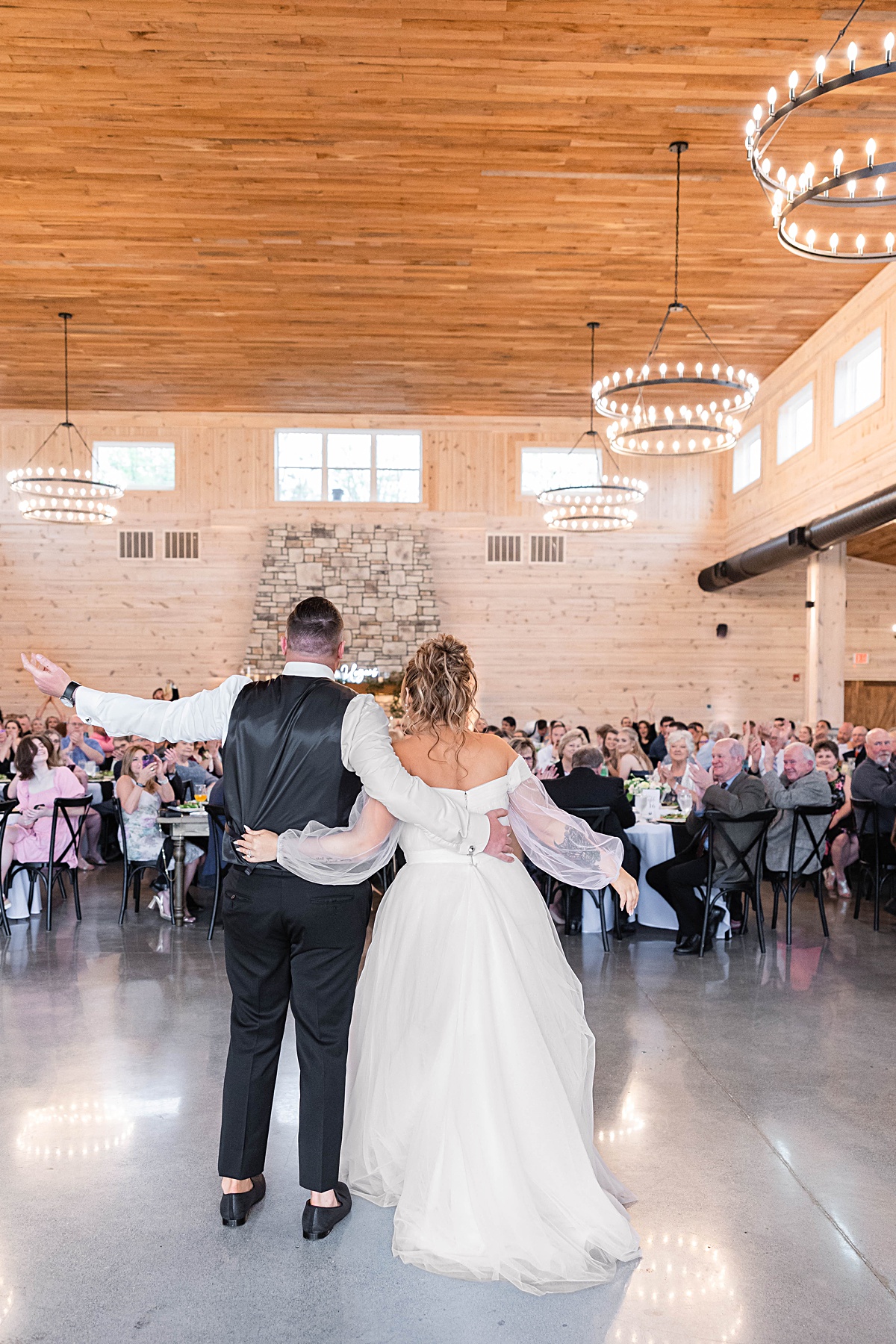 This elegant garden wedding at Cedar Oaks Farm features a classic car, stunning ceremony mountain view, unique bridal details, a boxer puppy, and a surprise baby gender reveal cake!