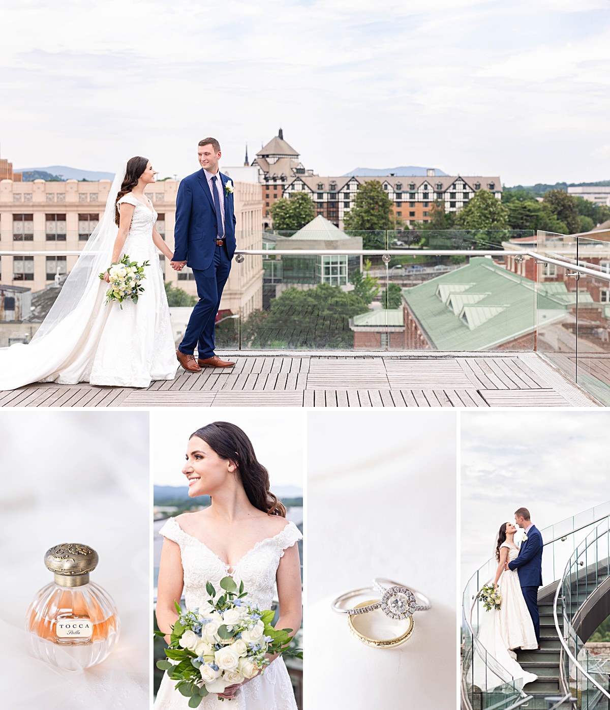 This downtown Roanoke Virginia wedding features stunning rooftop mountain views, elegant bridal details, and an intimate ceremony.
