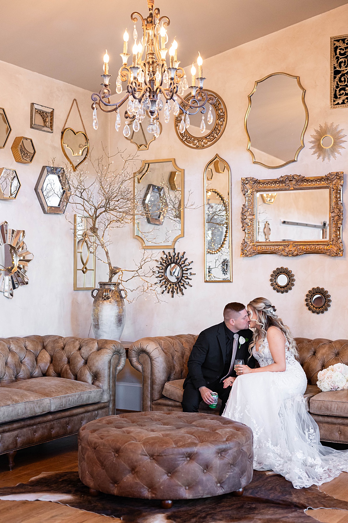 Bride and Groom portraits in the corner of mirrors at the Seclusion in Lexington, Virginia.